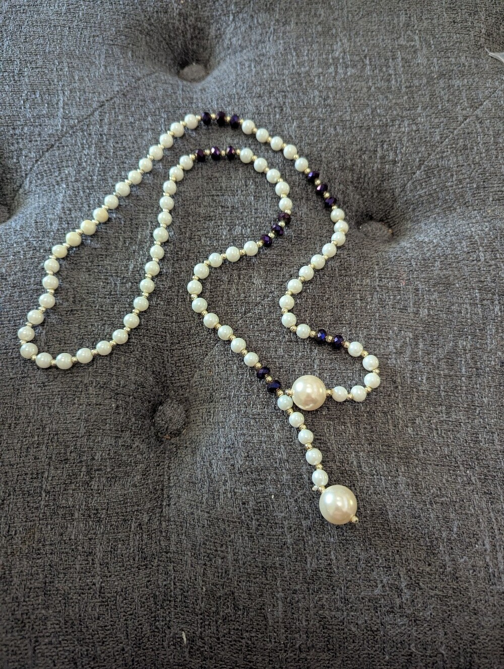 Classic Pearl and Amethyst Bead Lariat Necklace - White and Purple
